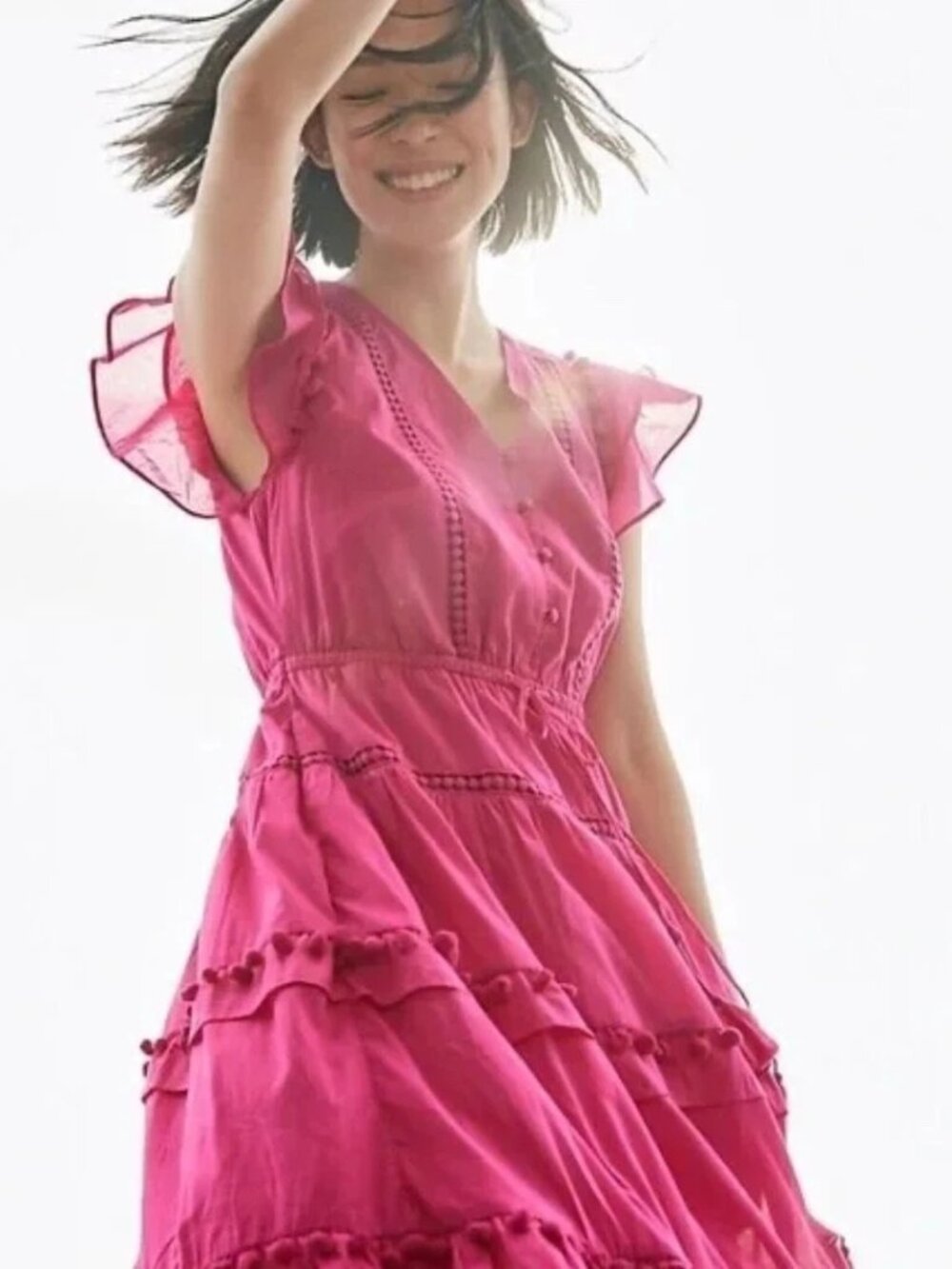 NWT J.Crew Pom-pom Midi in Neon Flamingo Pink Cotton Voile Tiered Dress 16T - Picture 2 of 12